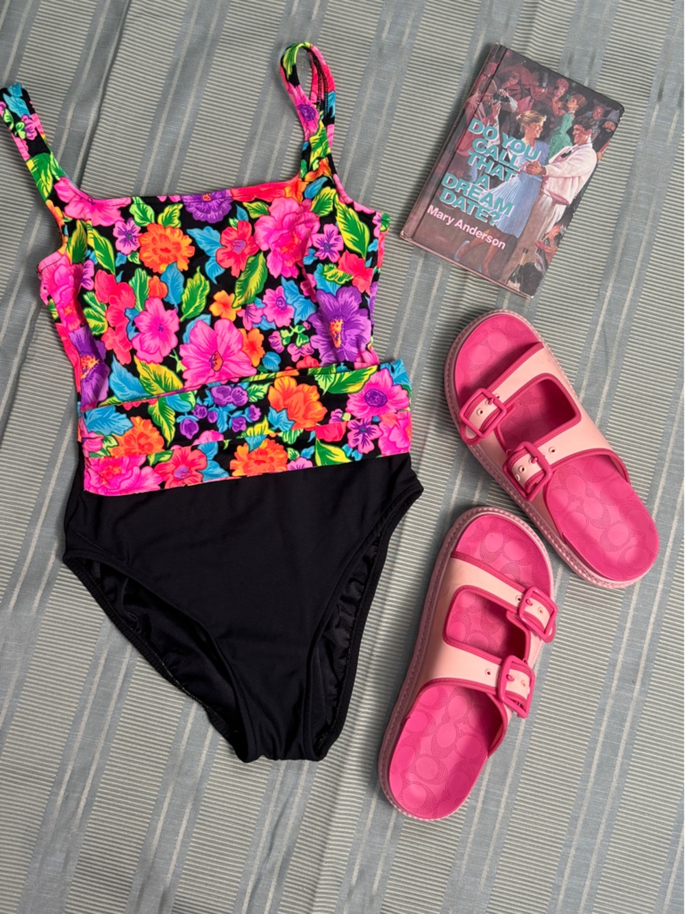 Vintage Floral One-Piece Swimsuit in Black with Neon Pink, Orange, Purple, Green